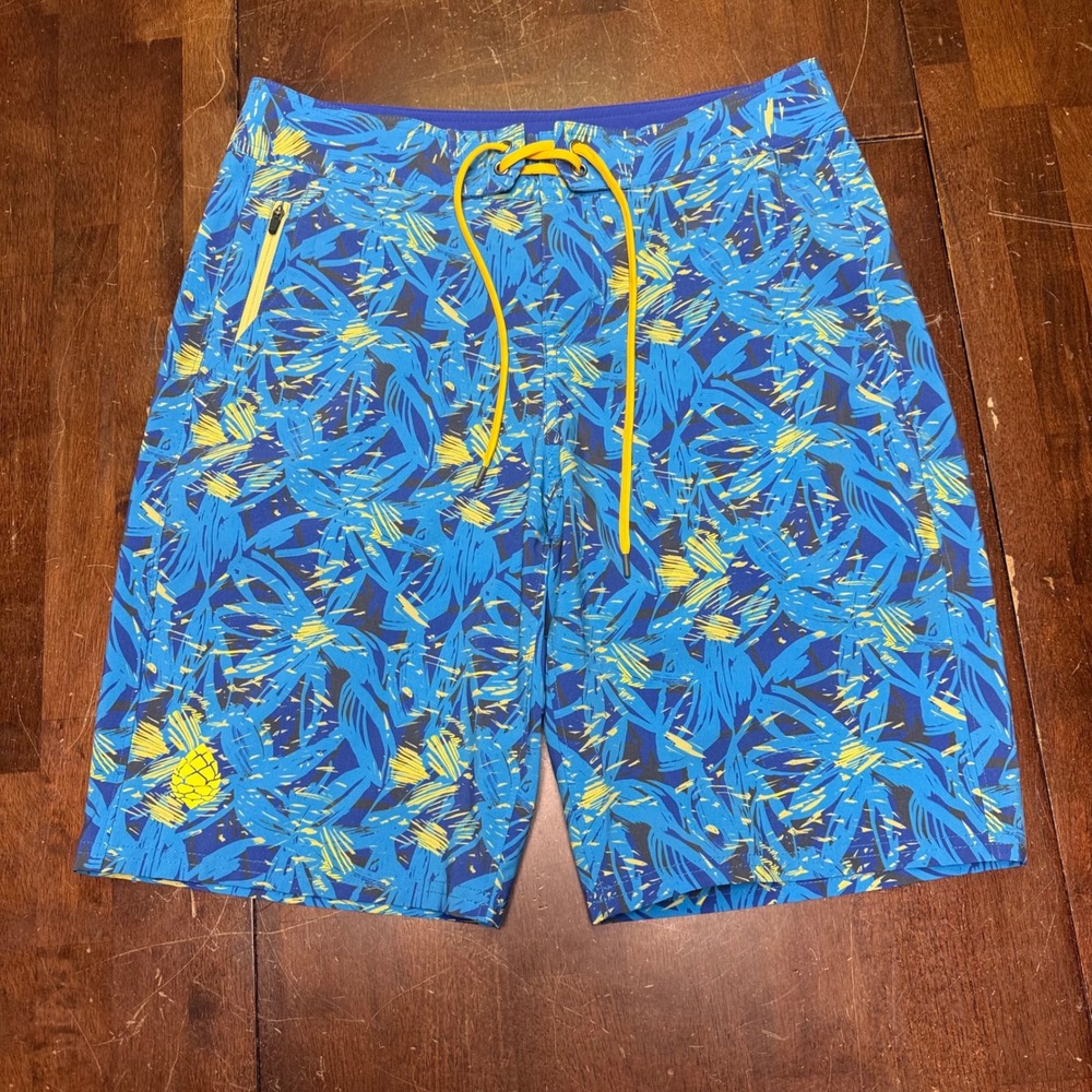 Stio CFS Board Shorts Mens 30 Blue Yellow Abstract Palm Print Eddy Style 200131